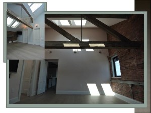 Bedroom with Original Brick, Stone and Skylights. 199 State Street Renovation Project 2015. Connaughton Construction.